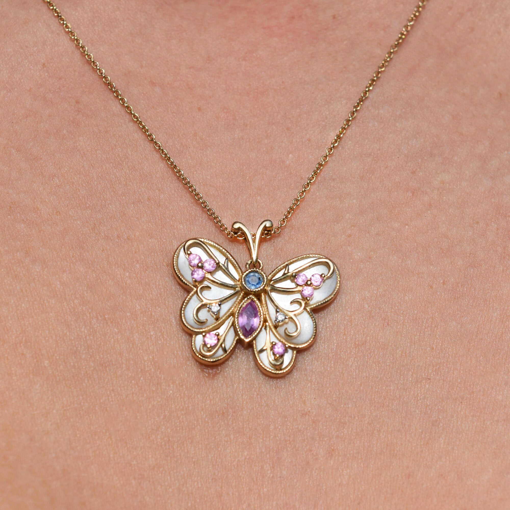 Mother Of Pearl Gemstone Butterfly Pendant In 14K Yellow Gold, Diamonds Accents, Estate Jewelry, 22mm