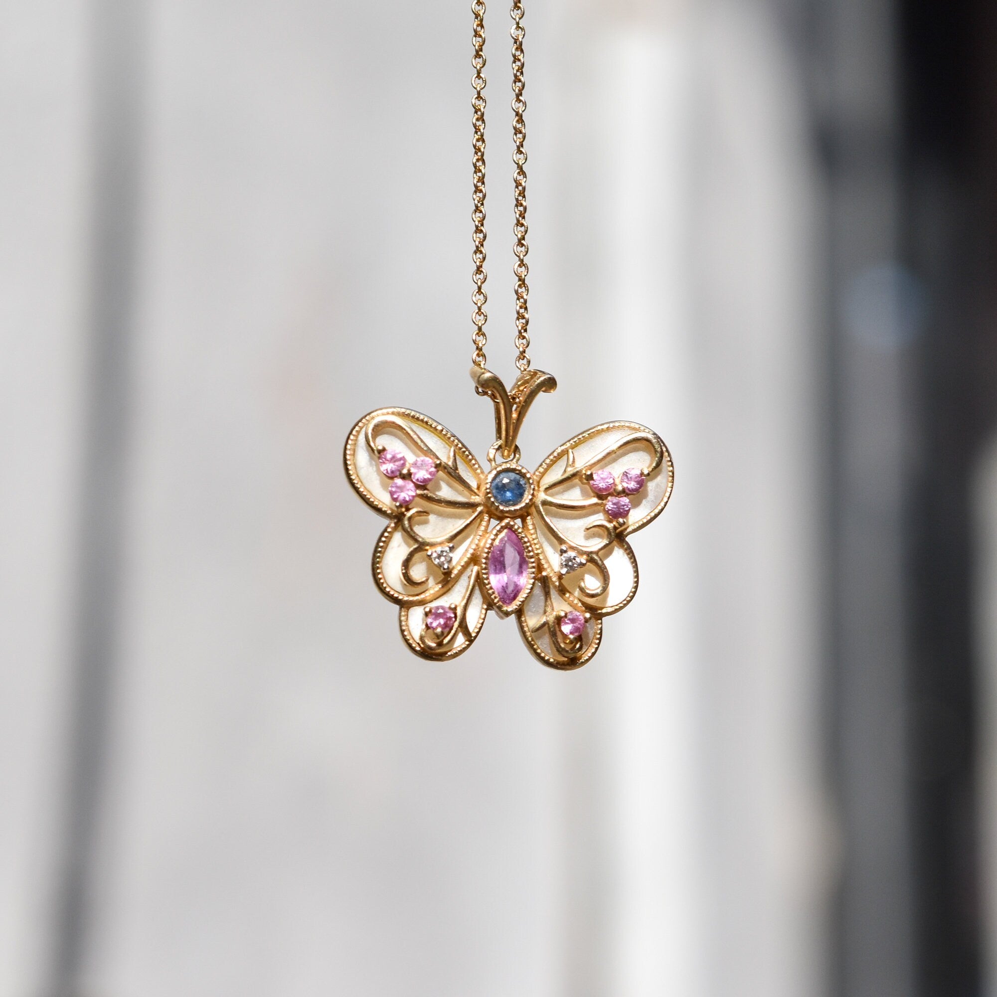 Mother Of Pearl Gemstone Butterfly Pendant In 14K Yellow Gold, Diamonds Accents, Estate Jewelry, 22mm