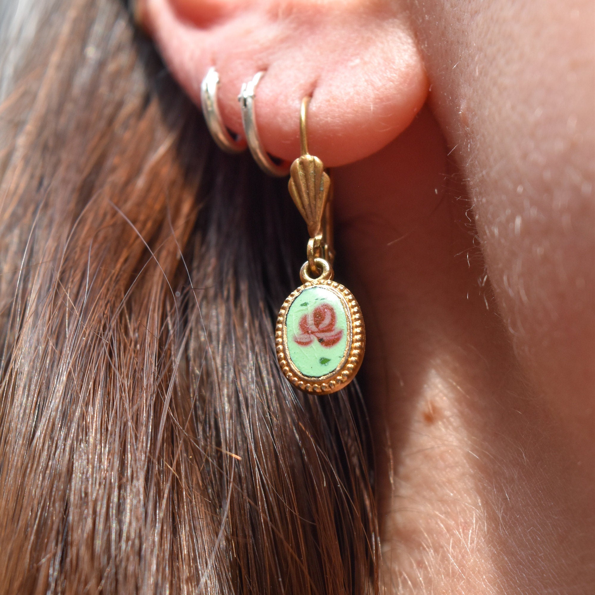 Cute Enamel Lotus Flower Leverback Earrings, Gold Plated Silver, Dainty Dangle Earrings, Estate Jewelry, 1 1/4" L