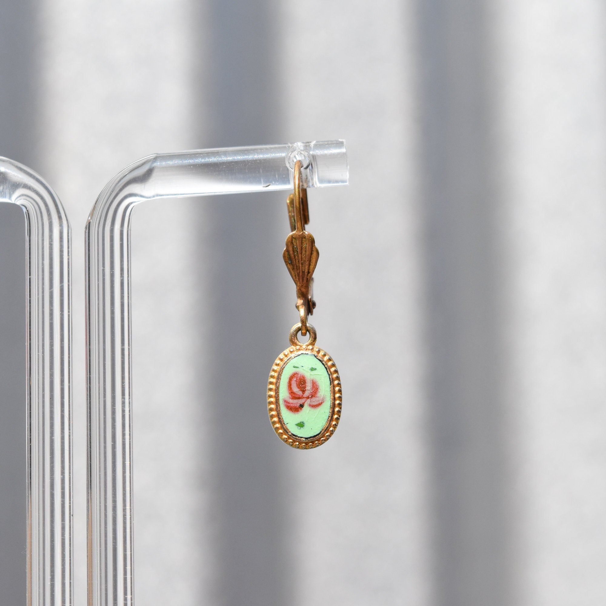 Cute Enamel Lotus Flower Leverback Earrings, Gold Plated Silver, Dainty Dangle Earrings, Estate Jewelry, 1 1/4" L