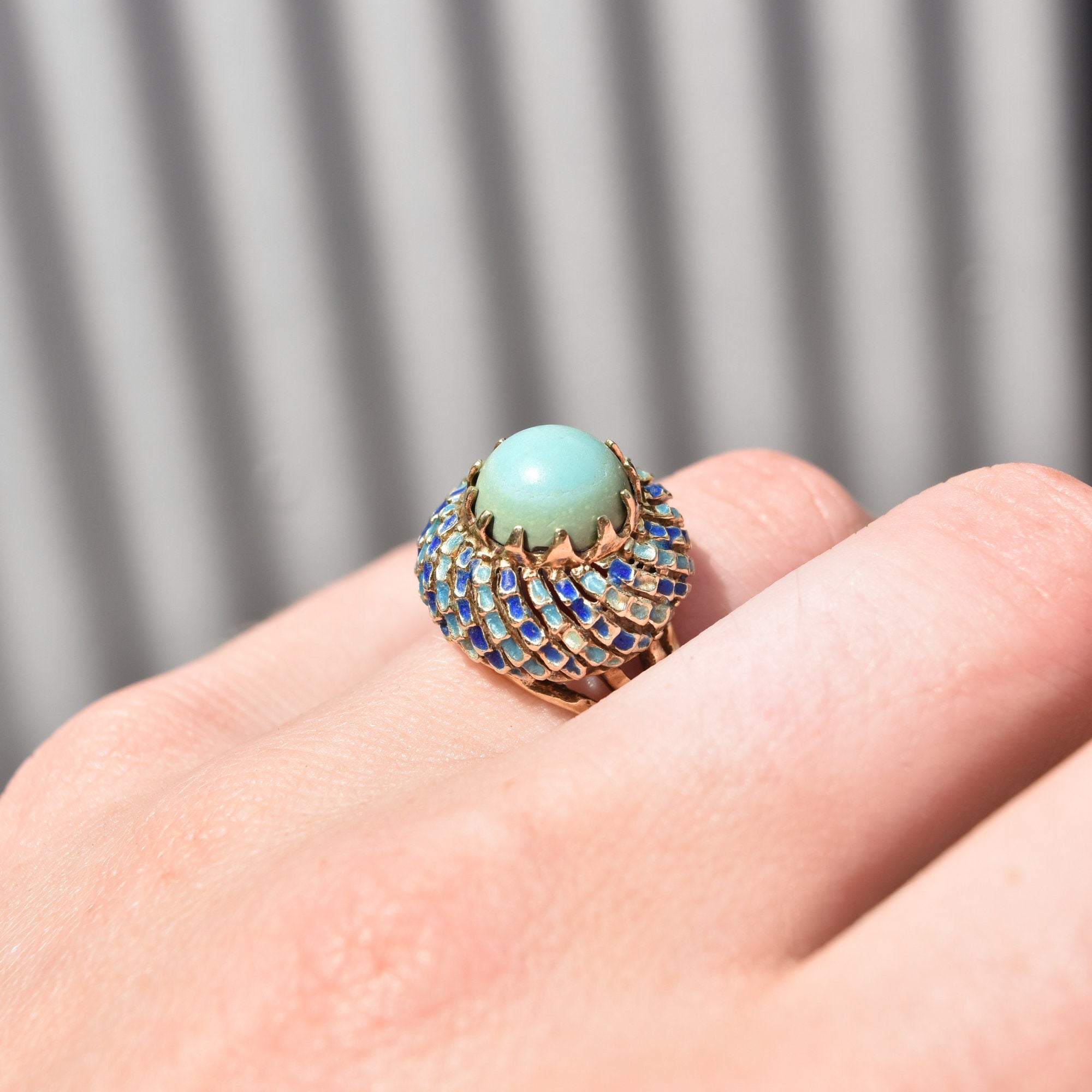 Turquoise Cabochon Enamel Bombe Ring In 14K Yellow Gold, Blue Scale Design, Estate Jewelry, 6 1/2 US