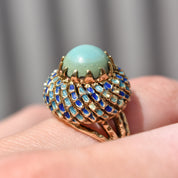 Turquoise Cabochon Enamel Bombe Ring In 14K Yellow Gold, Blue Scale Design, Estate Jewelry, 6 1/2 US