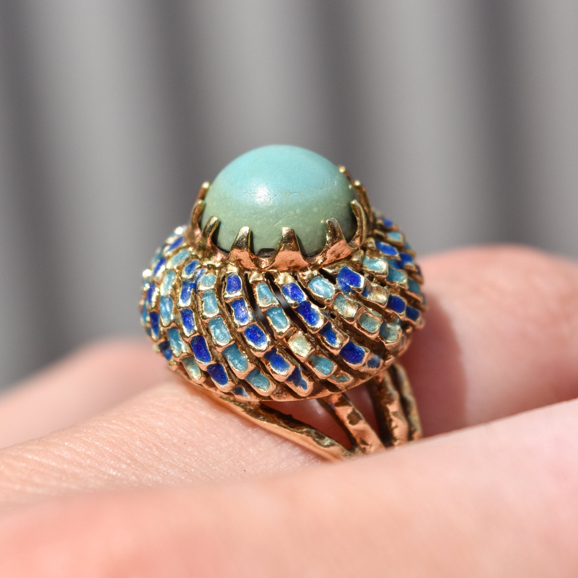 Turquoise Cabochon Enamel Bombe Ring In 14K Yellow Gold, Blue Scale Design, Estate Jewelry, 6 1/2 US