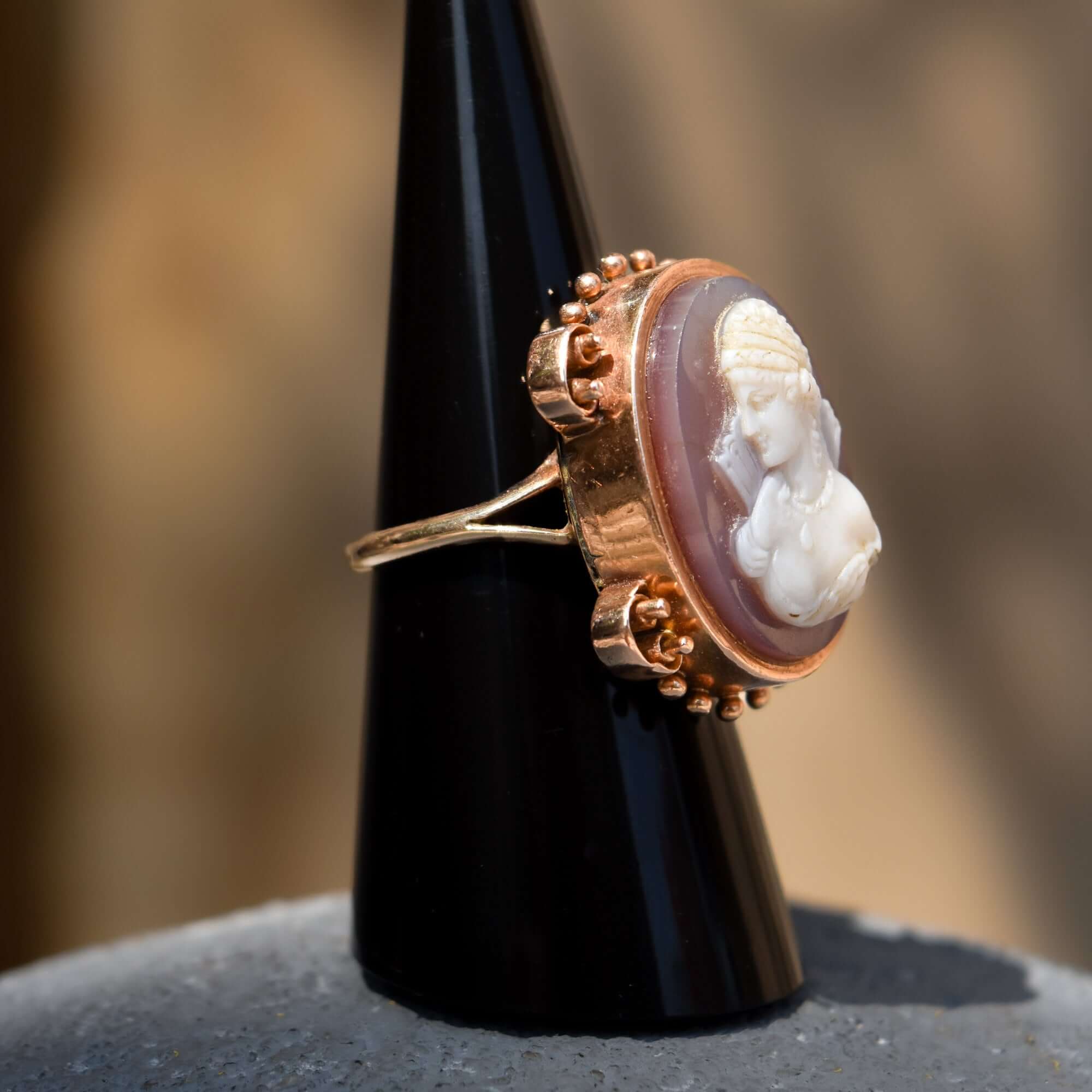 Large 14K Hardstone Cameo Ring In Rose Gold, Ornate Scroll Motifs, Estate Jewelry, Size 7 1/2 US