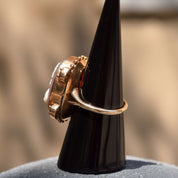 Large 14K Hardstone Cameo Ring In Rose Gold, Ornate Scroll Motifs, Estate Jewelry, Size 7 1/2 US