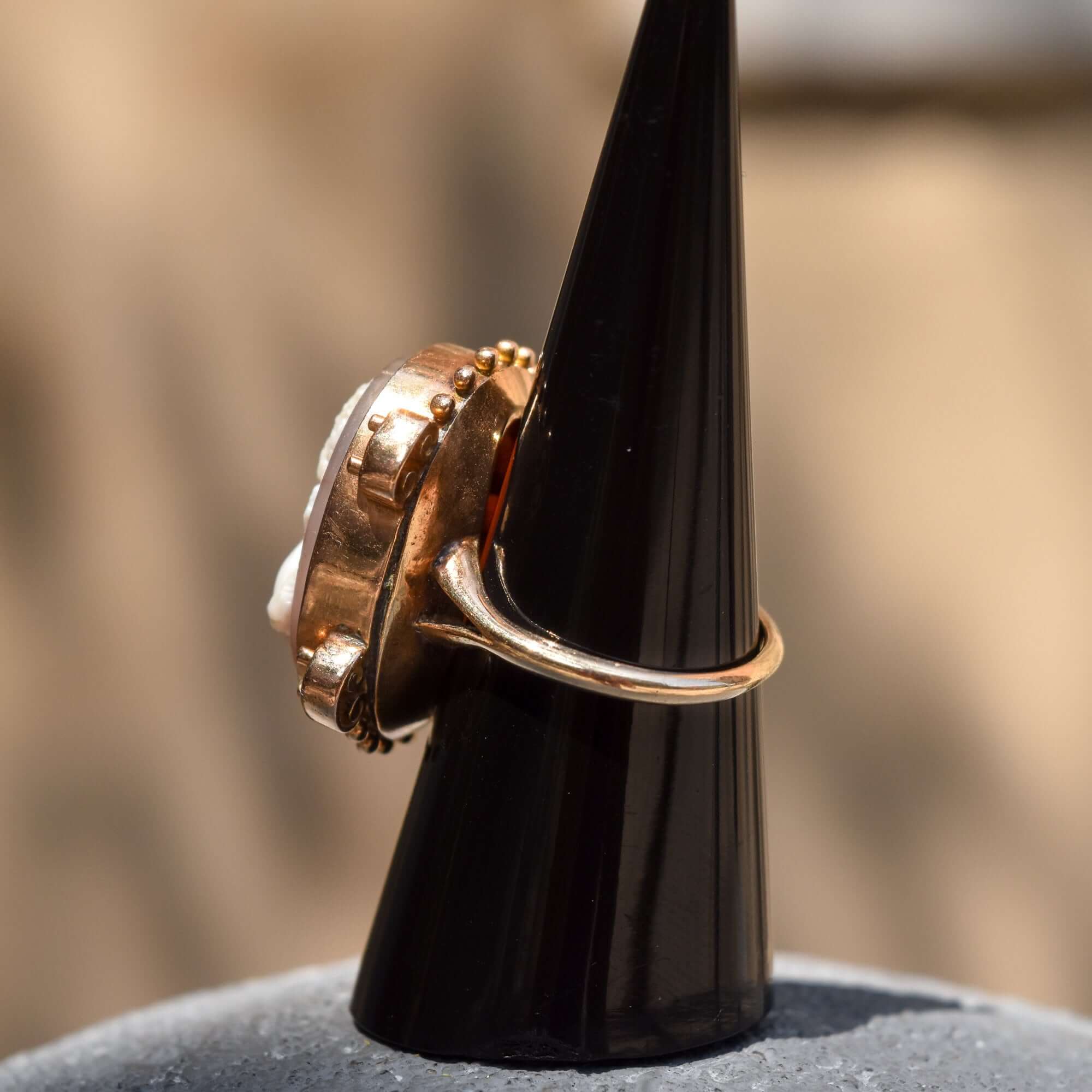 Large 14K Hardstone Cameo Ring In Rose Gold, Ornate Scroll Motifs, Estate Jewelry, Size 7 1/2 US