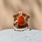 Large 14K Hardstone Cameo Ring In Rose Gold, Ornate Scroll Motifs, Estate Jewelry, Size 7 1/2 US