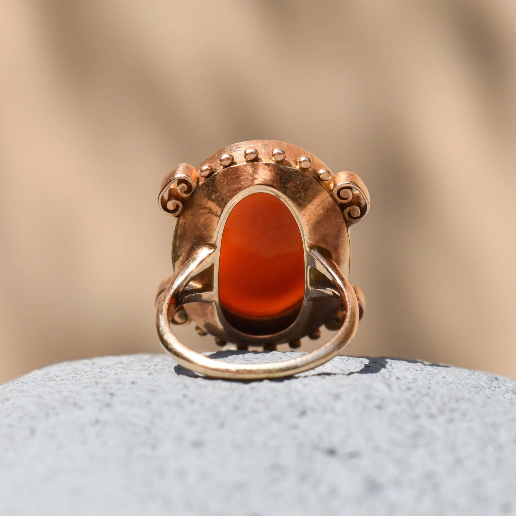 Large 14K Hardstone Cameo Ring In Rose Gold, Ornate Scroll Motifs, Estate Jewelry, Size 7 1/2 US