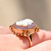 Large 14K Hardstone Cameo Ring In Rose Gold, Ornate Scroll Motifs, Estate Jewelry, Size 7 1/2 US