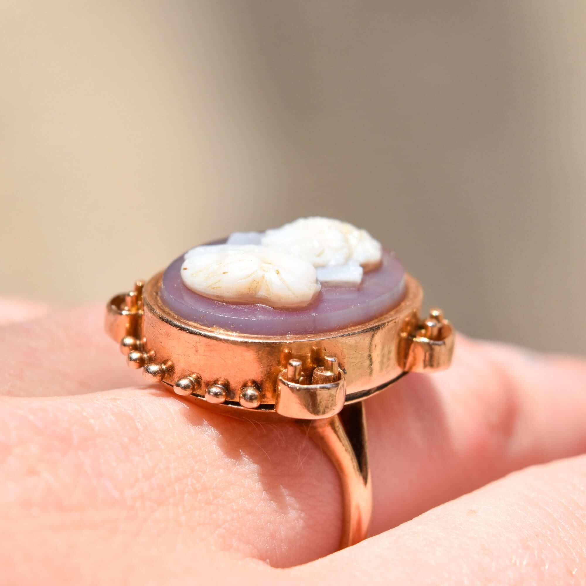 Large 14K Hardstone Cameo Ring In Rose Gold, Ornate Scroll Motifs, Estate Jewelry, Size 7 1/2 US