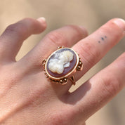 Large 14K Hardstone Cameo Ring In Rose Gold, Ornate Scroll Motifs, Estate Jewelry, Size 7 1/2 US