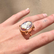 Large 14K Hardstone Cameo Ring In Rose Gold, Ornate Scroll Motifs, Estate Jewelry, Size 7 1/2 US