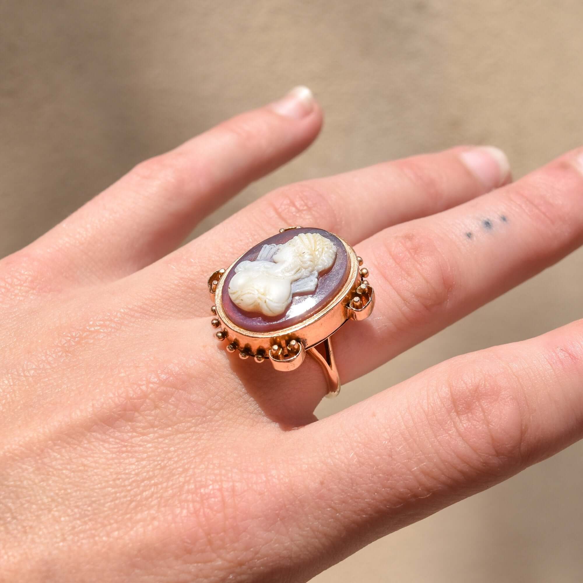 Large 14K Hardstone Cameo Ring In Rose Gold, Ornate Scroll Motifs, Estate Jewelry, Size 7 1/2 US