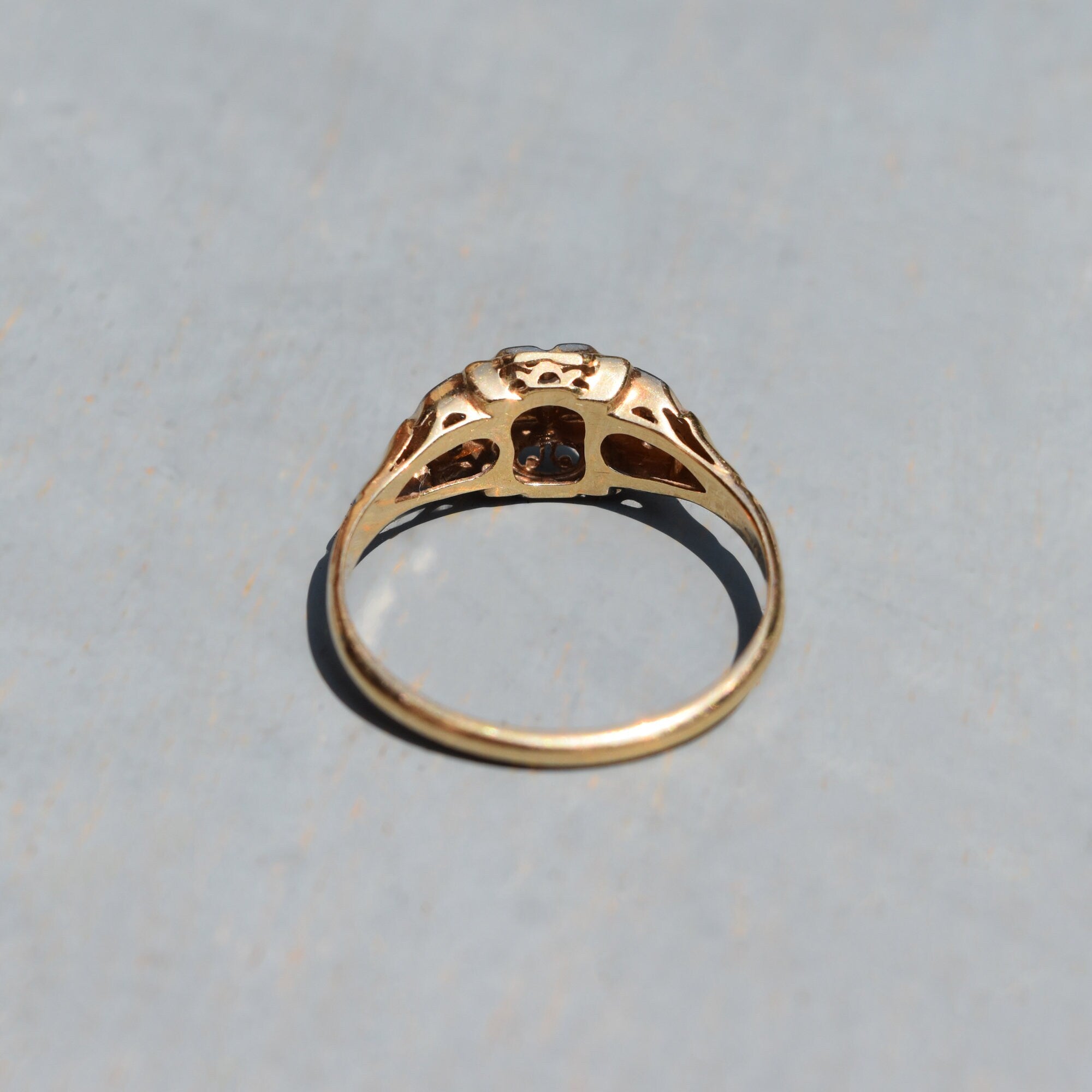 Art Deco 14K Two-Tone Diamond Engagement Ring, Scroll Motifs, Unisex Gold Ring, Estate Jewelry, , 7 1/2 US
