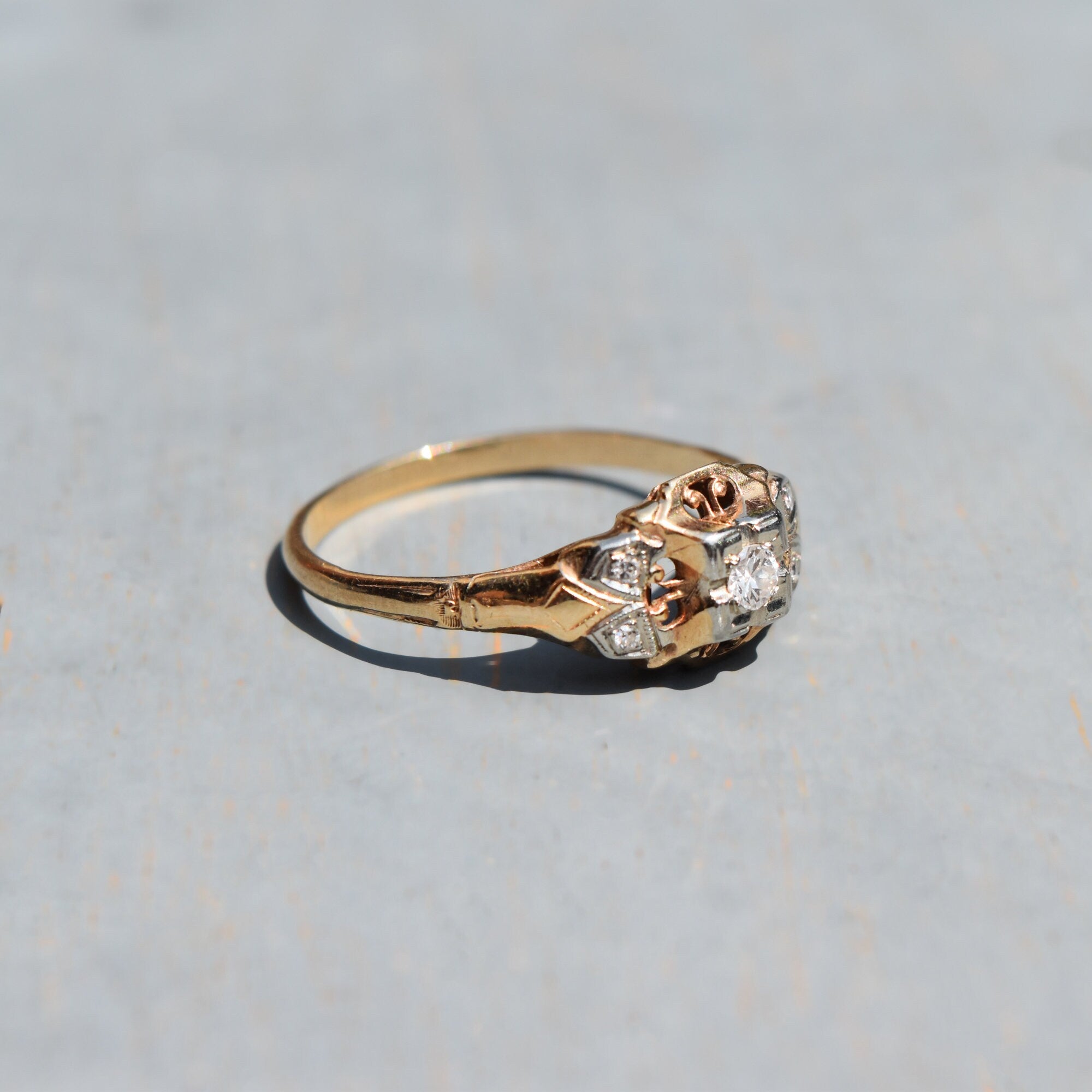 Art Deco 14K Two-Tone Diamond Engagement Ring, Scroll Motifs, Unisex Gold Ring, Estate Jewelry, , 7 1/2 US