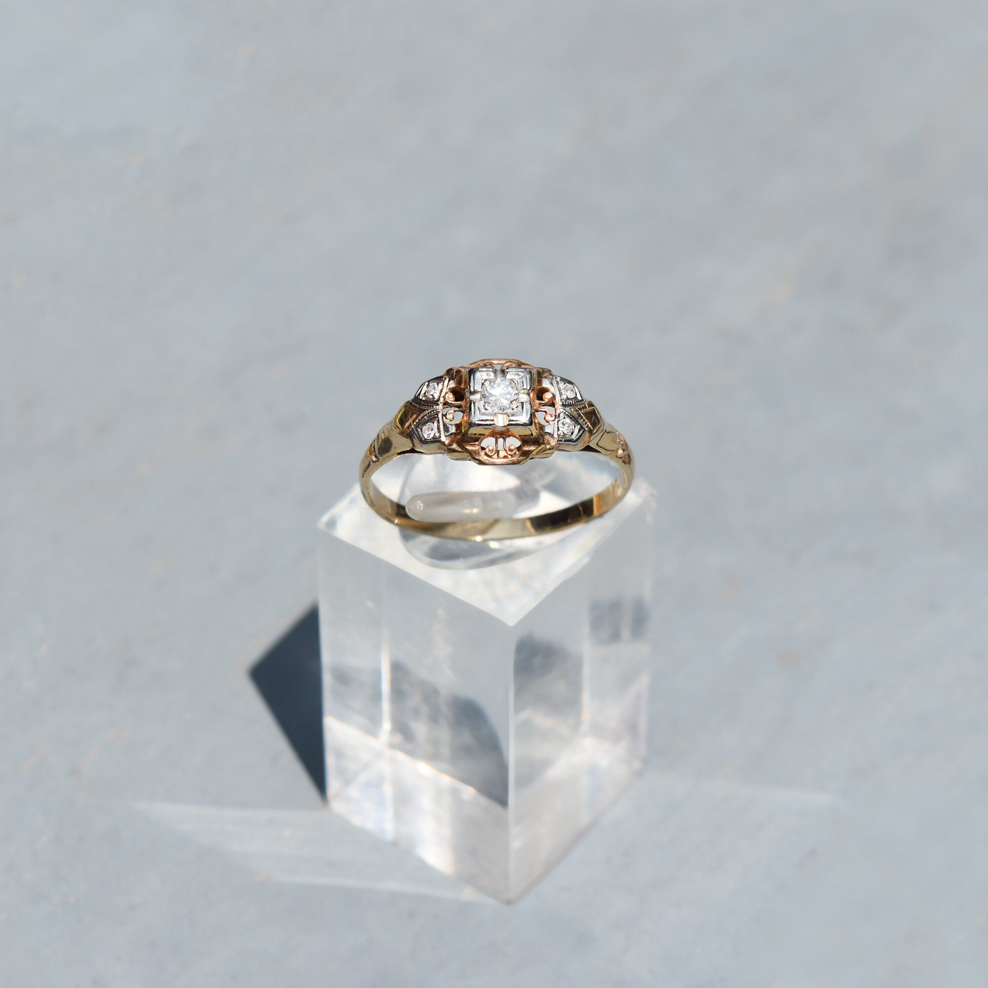 Art Deco 14K Two-Tone Diamond Engagement Ring, Scroll Motifs, Unisex Gold Ring, Estate Jewelry, , 7 1/2 US