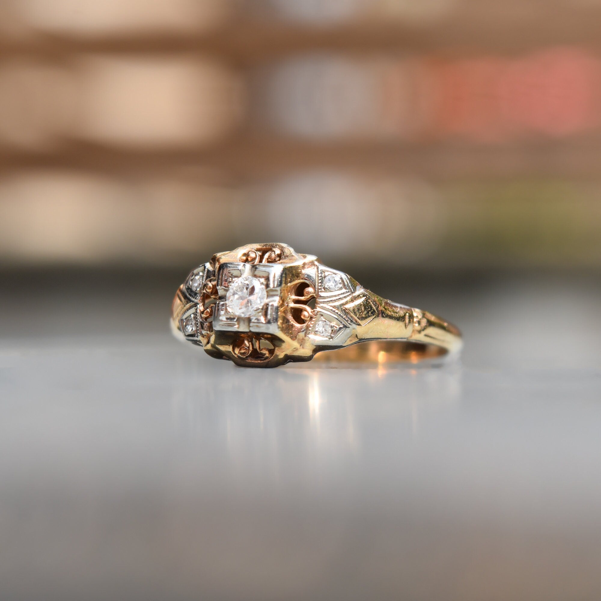 Art Deco 14K Two-Tone Diamond Engagement Ring, Scroll Motifs, Unisex Gold Ring, Estate Jewelry, , 7 1/2 US