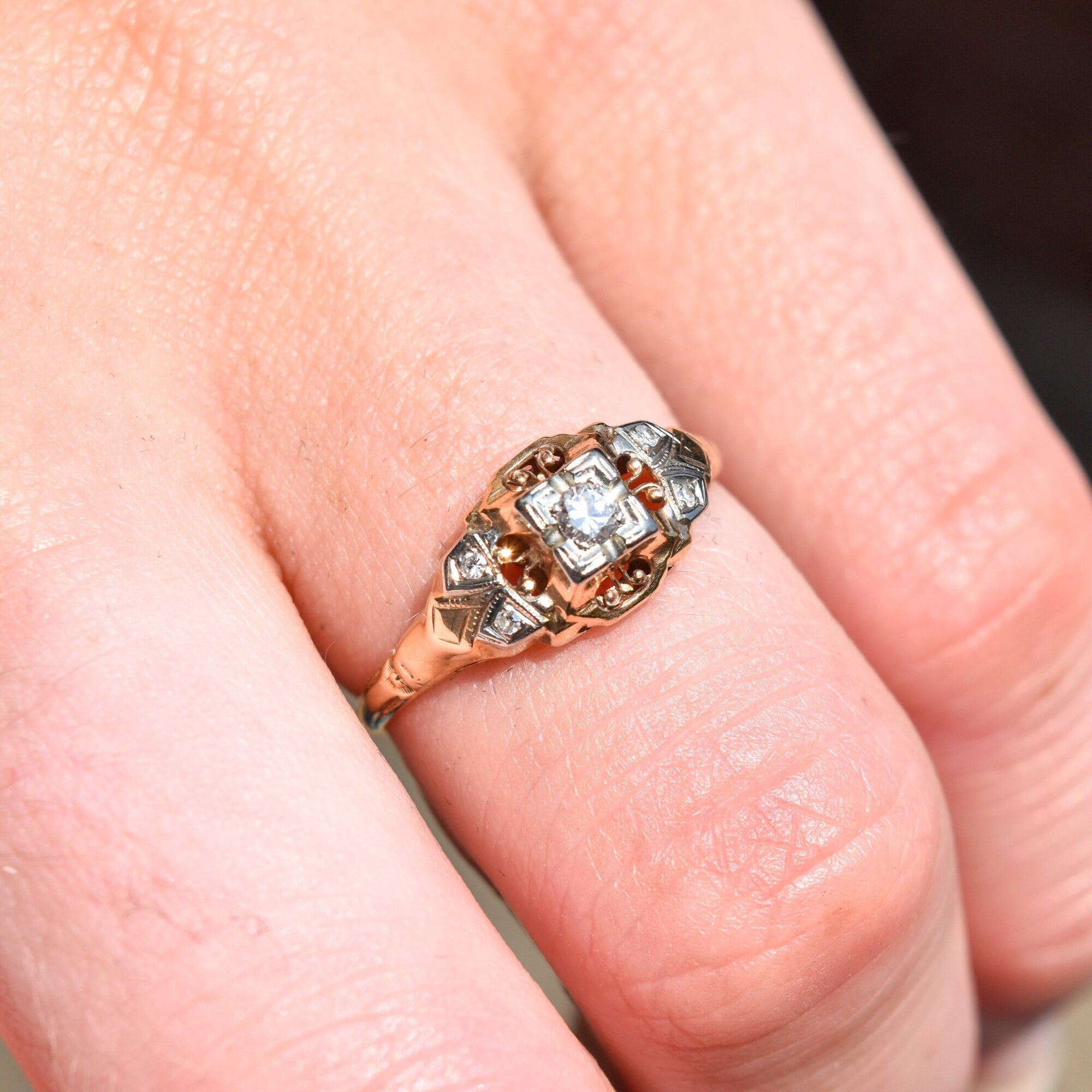 Art Deco 14K Two-Tone Diamond Engagement Ring, Scroll Motifs, Unisex Gold Ring, Estate Jewelry, , 7 1/2 US