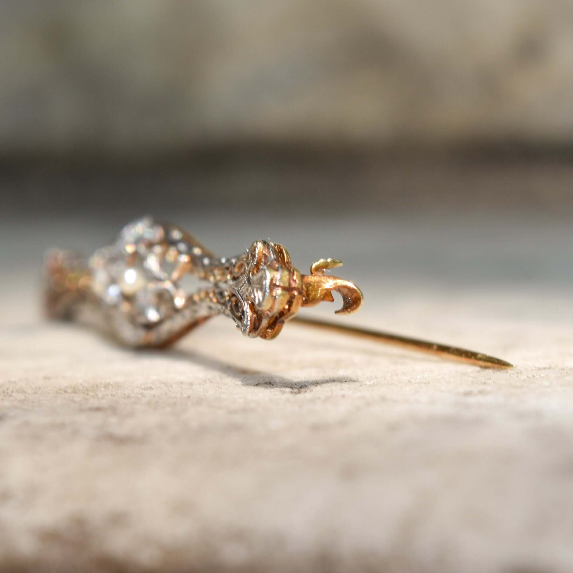 Edwardian 14K Platinum Filigree Diamond Seed Pearl Bar Pin, OEC Diamond, Estate Jewelry, 61mm