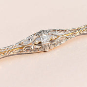 Edwardian 14K Platinum Filigree Diamond Seed Pearl Bar Pin, OEC Diamond, Estate Jewelry, 61mm