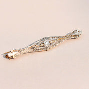 Edwardian 14K Platinum Filigree Diamond Seed Pearl Bar Pin, OEC Diamond, Estate Jewelry, 61mm