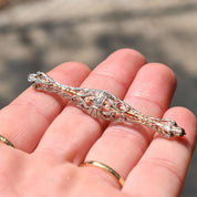 Edwardian 14K Platinum Filigree Diamond Seed Pearl Bar Pin, OEC Diamond, Estate Jewelry, 61mm