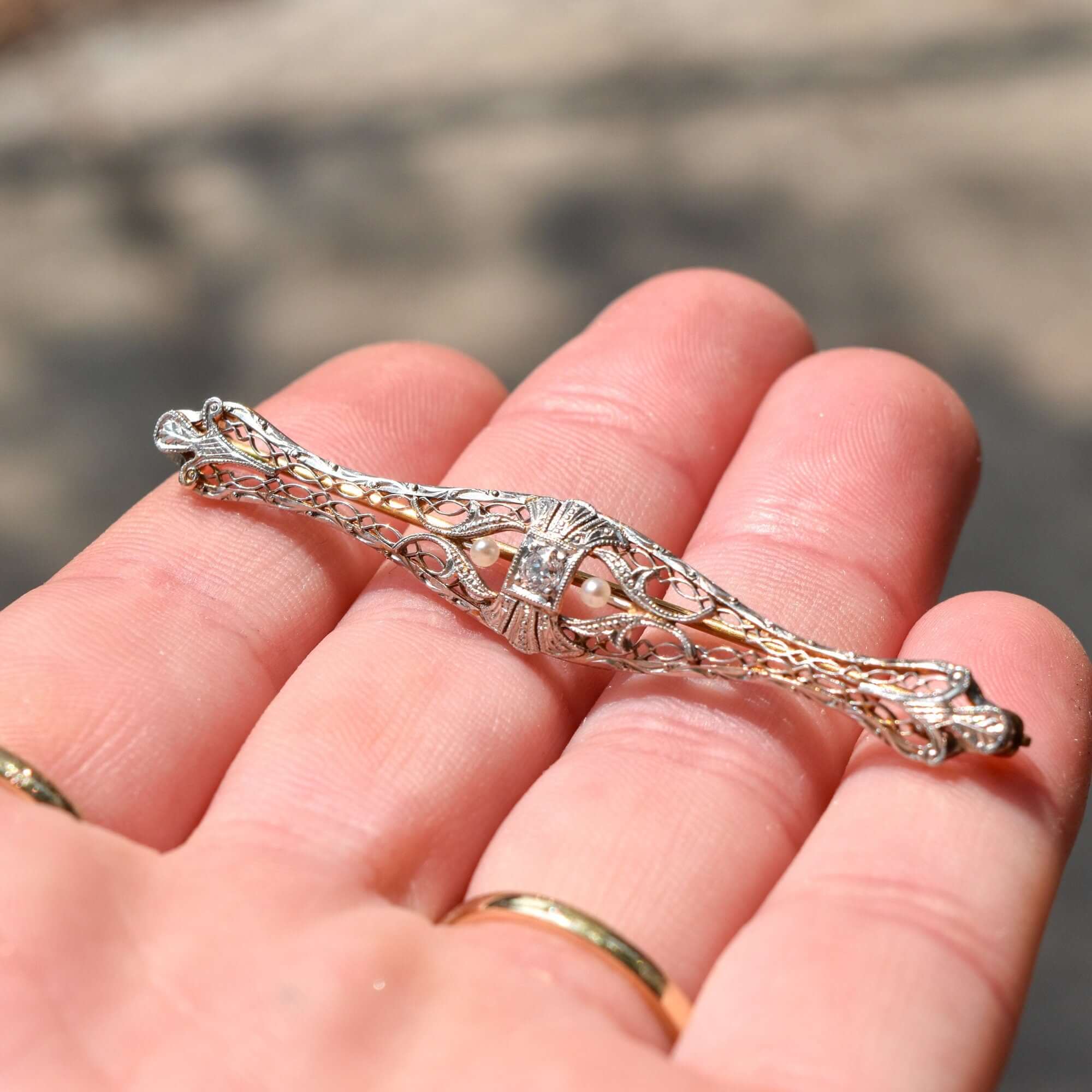 Edwardian 14K Platinum Filigree Diamond Seed Pearl Bar Pin, OEC Diamond, Estate Jewelry, 61mm