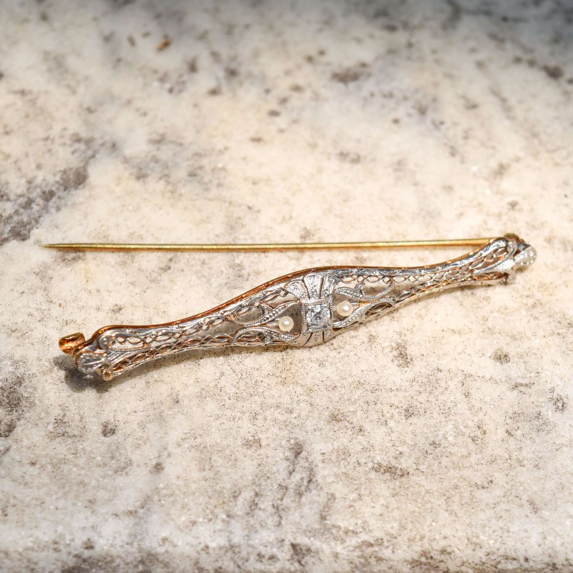 Edwardian 14K Platinum Filigree Diamond Seed Pearl Bar Pin, OEC Diamond, Estate Jewelry, 61mm