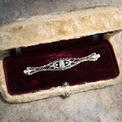 Edwardian 14K Platinum Filigree Diamond Seed Pearl Bar Pin, OEC Diamond, Estate Jewelry, 61mm