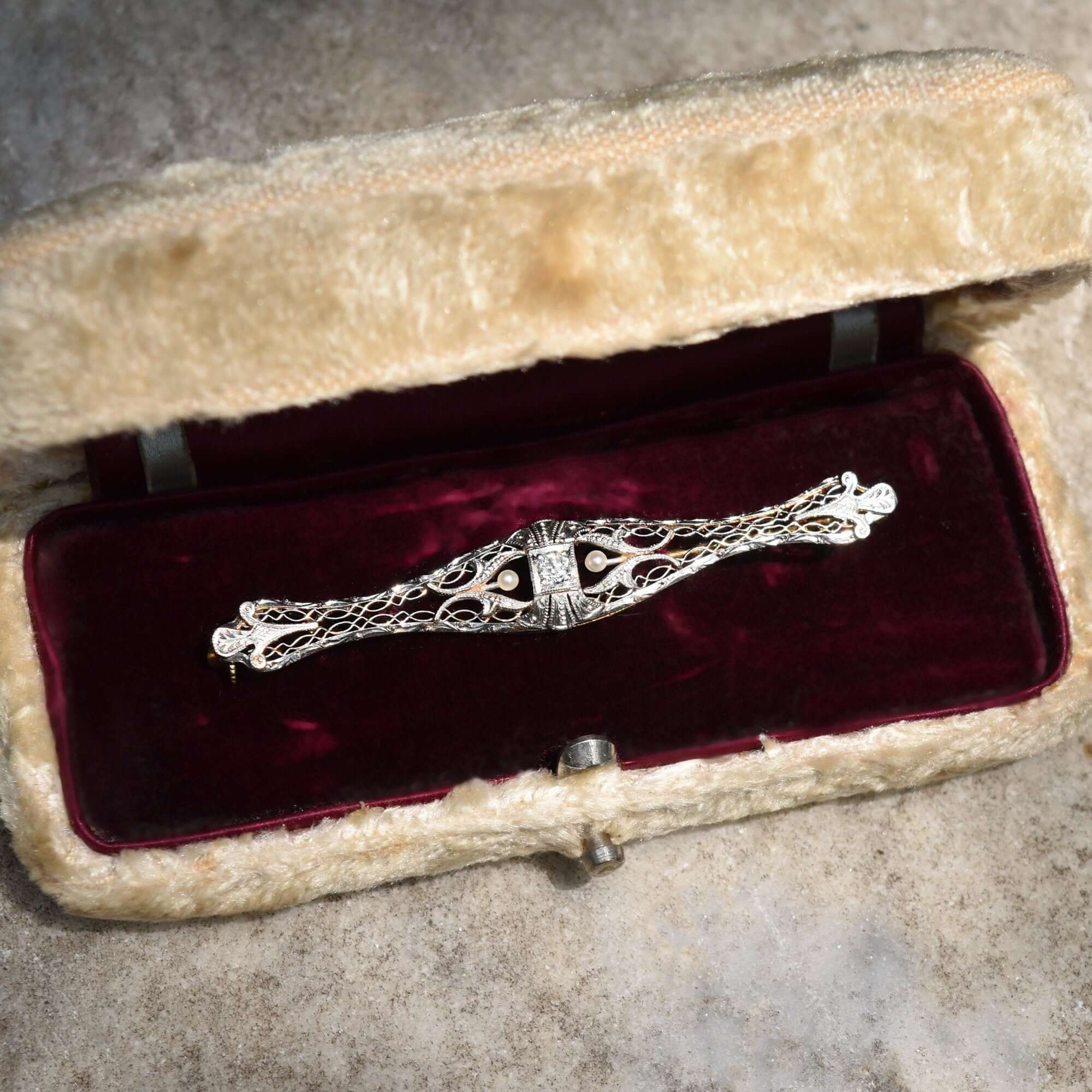 Edwardian 14K Platinum Filigree Diamond Seed Pearl Bar Pin, OEC Diamond, Estate Jewelry, 61mm