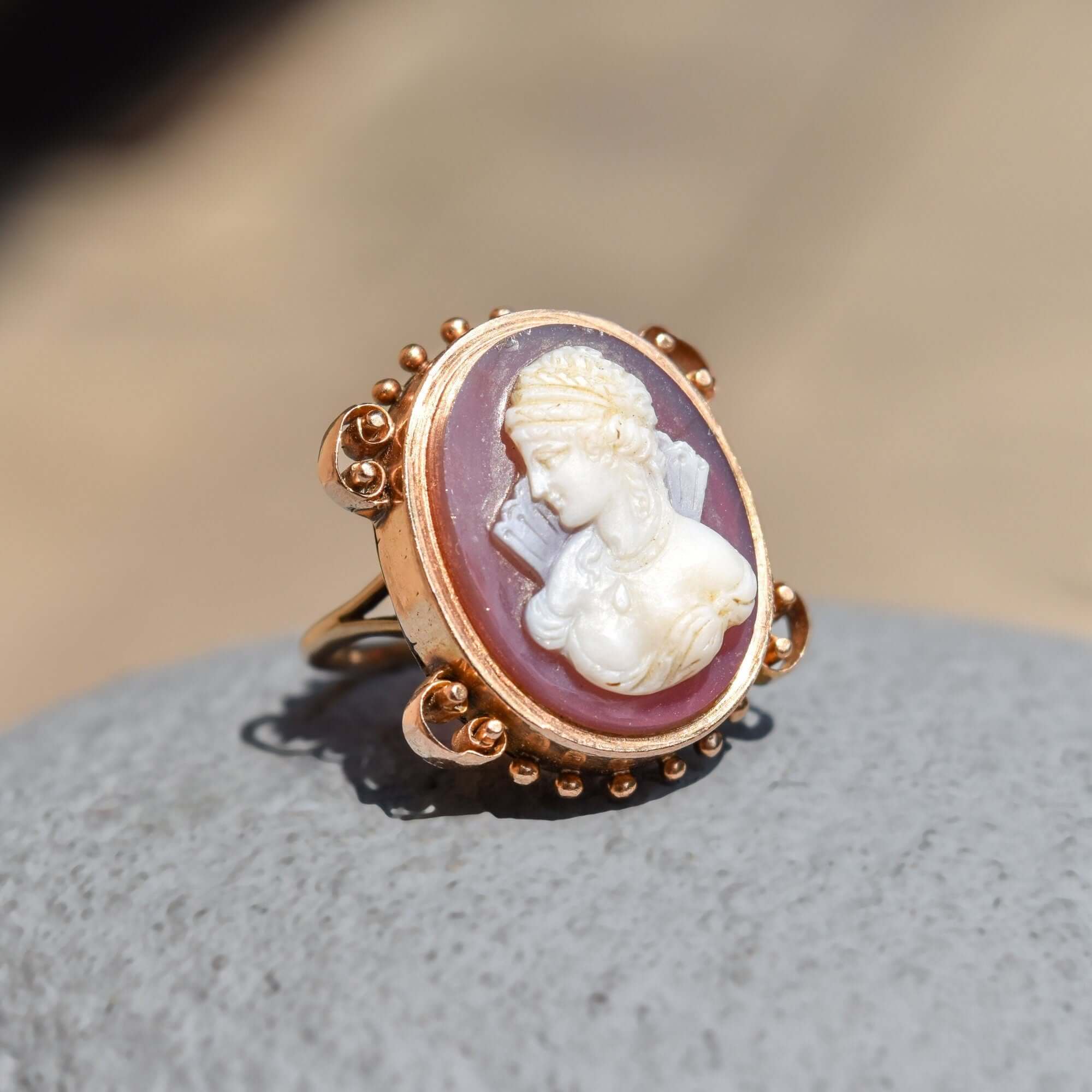 Large 14K Hardstone Cameo Ring In Rose Gold, Ornate Scroll Motifs, Estate Jewelry, Size 7 1/2 US