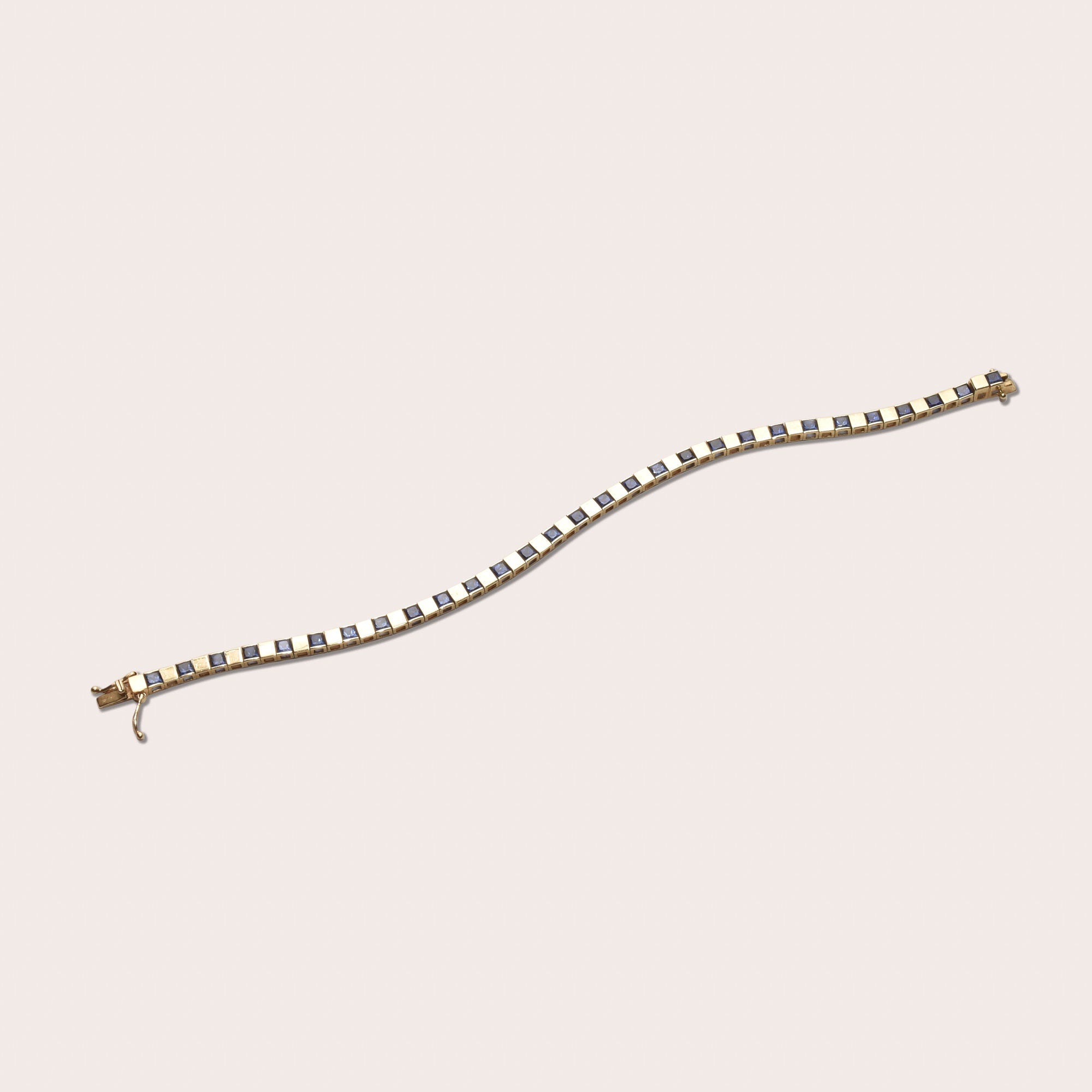 Modernist 10K Yellow Gold Sapphire Link Bracelet, Sleek Square Link BraceletK, Estate Jewelry, 7 1/2" L