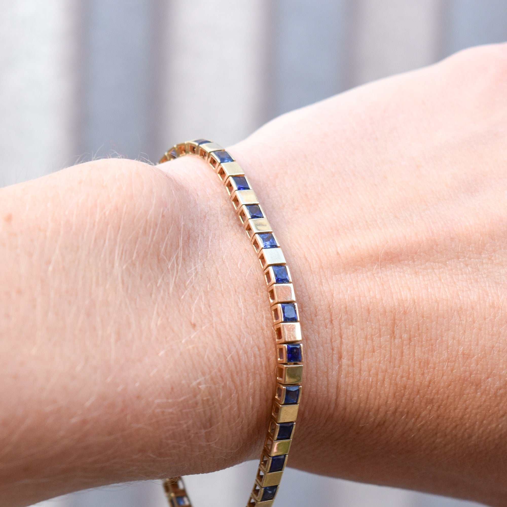 Modernist 10K Yellow Gold Sapphire Link Bracelet, Sleek Square Link BraceletK, Estate Jewelry, 7 1/2" L