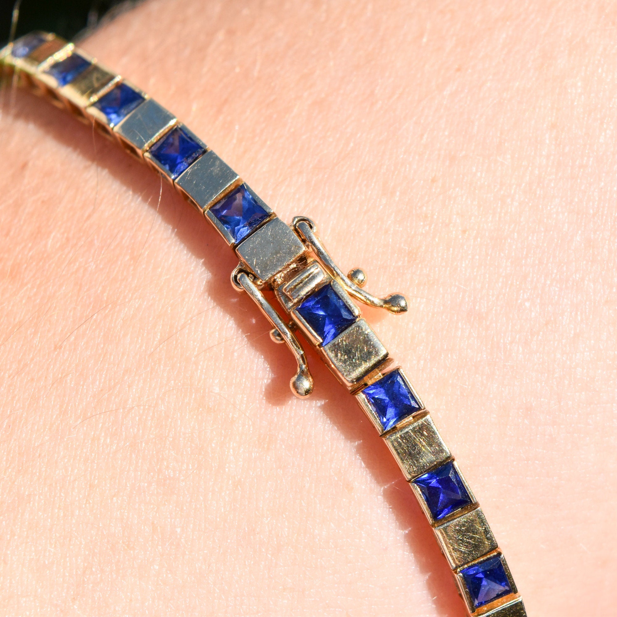 Modernist 10K Yellow Gold Sapphire Link Bracelet, Sleek Square Link BraceletK, Estate Jewelry, 7 1/2" L