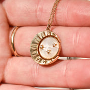 Mother Of Pearl Crescent Moon Pendant Necklace, Reversible Swivel Disc, CZ Diamonds, Gold-Plated Brass, 18" L