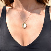 Mother Of Pearl Crescent Moon Pendant Necklace, Reversible Swivel Disc, CZ Diamonds, Gold-Plated Brass, 18" L