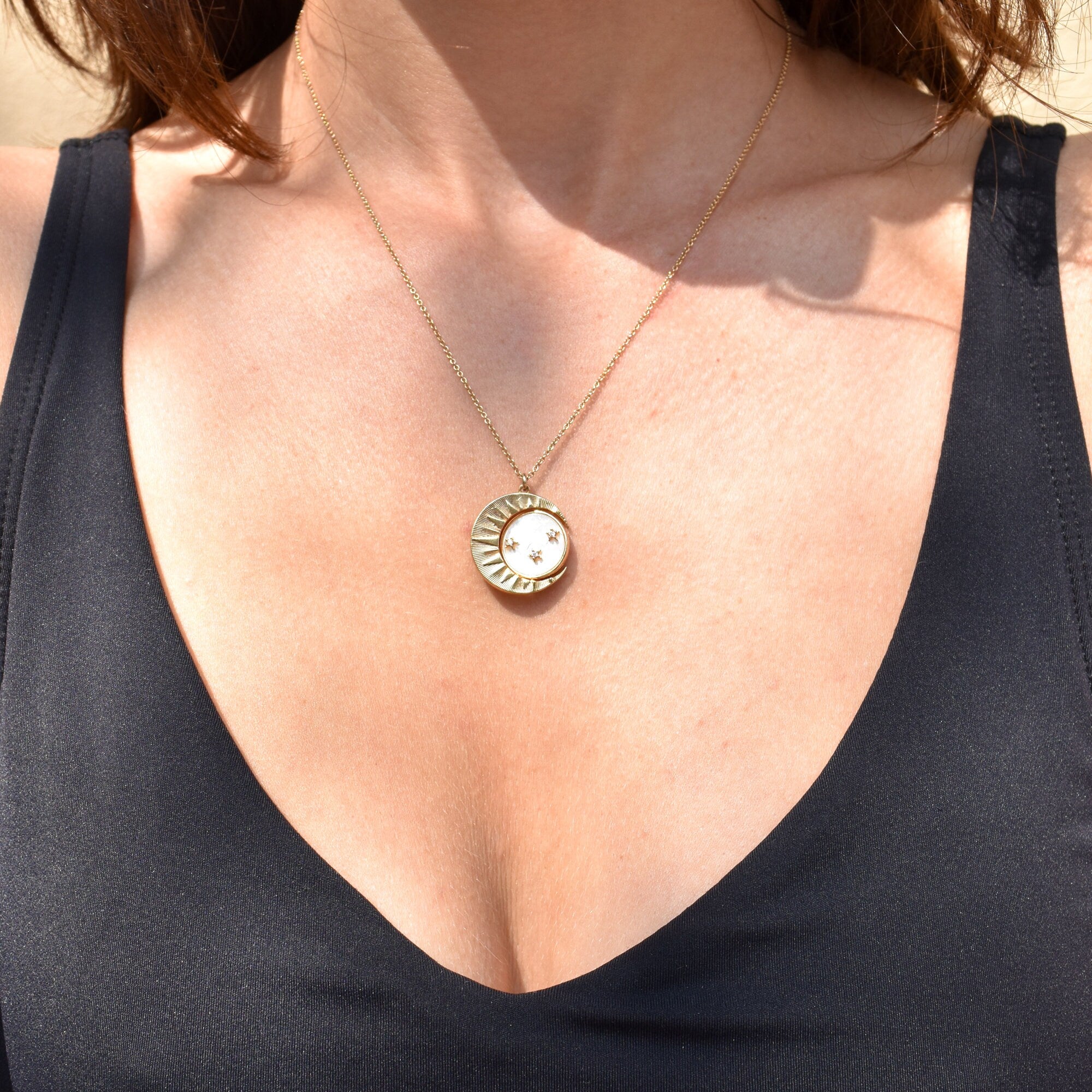 Mother Of Pearl Crescent Moon Pendant Necklace, Reversible Swivel Disc, CZ Diamonds, Gold-Plated Brass, 18" L