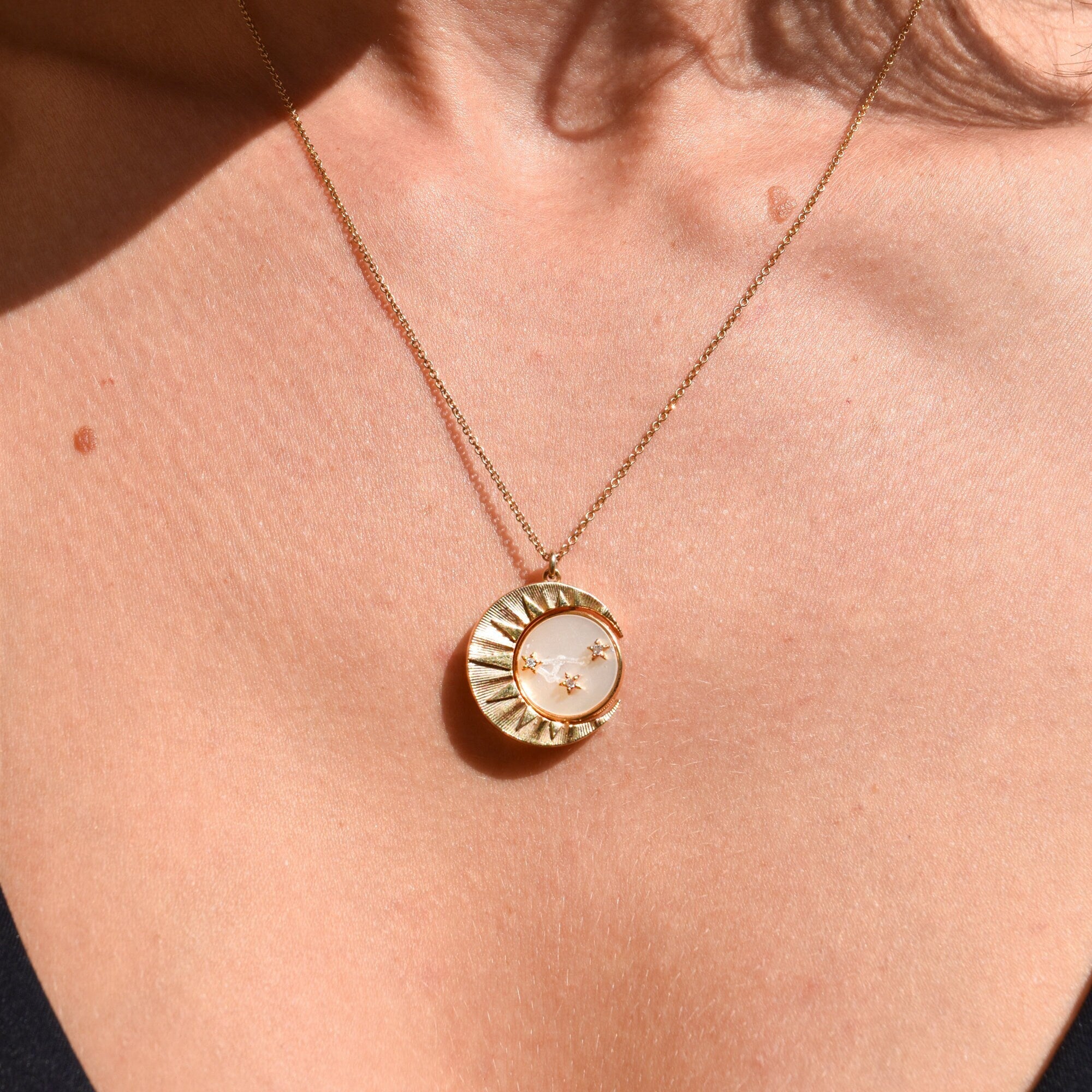 Mother Of Pearl Crescent Moon Pendant Necklace, Reversible Swivel Disc, CZ Diamonds, Gold-Plated Brass, 18" L