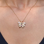 Mother Of Pearl Gemstone Butterfly Pendant In 14K Yellow Gold, Diamonds Accents, Estate Jewelry, 22mm
