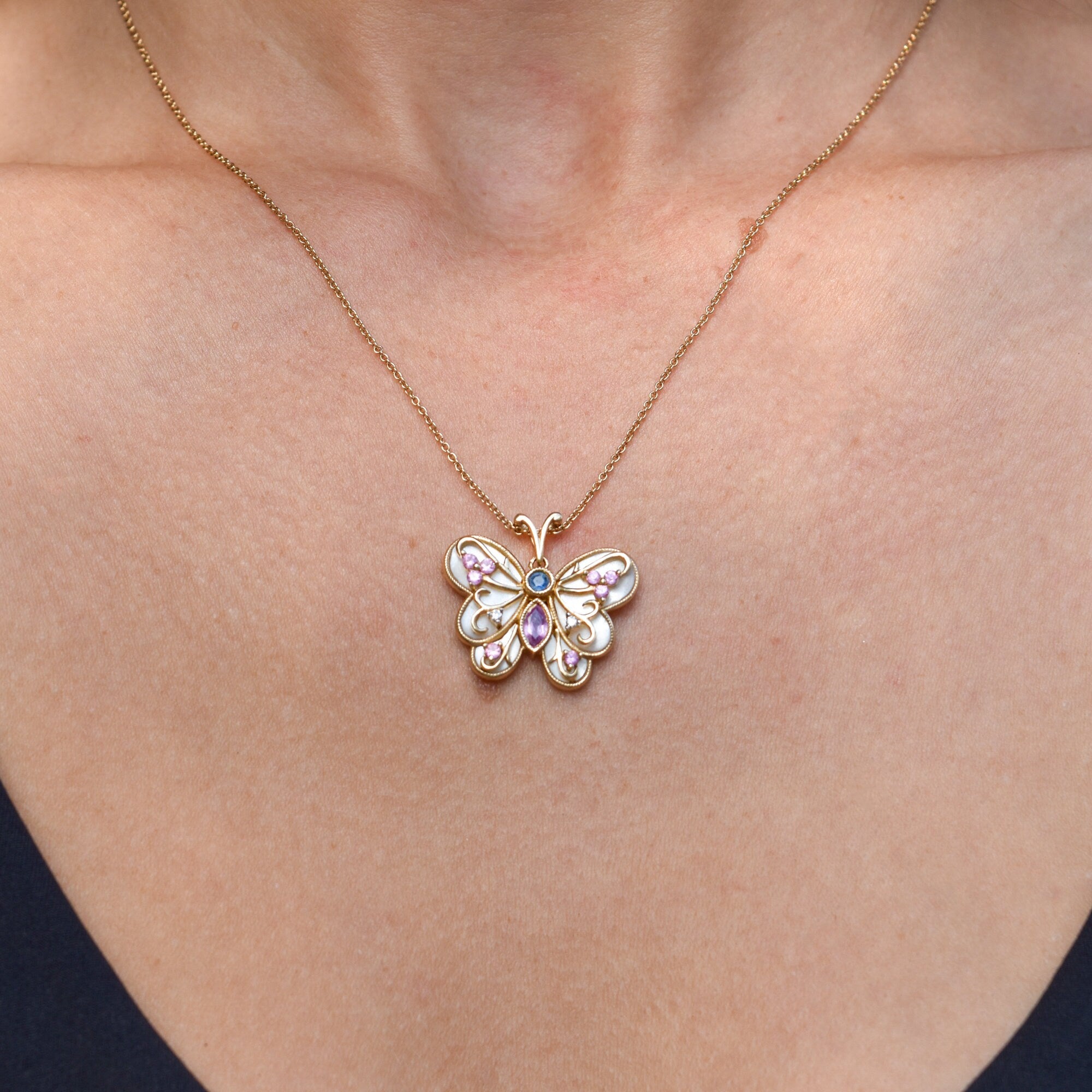 Mother Of Pearl Gemstone Butterfly Pendant In 14K Yellow Gold, Diamonds Accents, Estate Jewelry, 22mm
