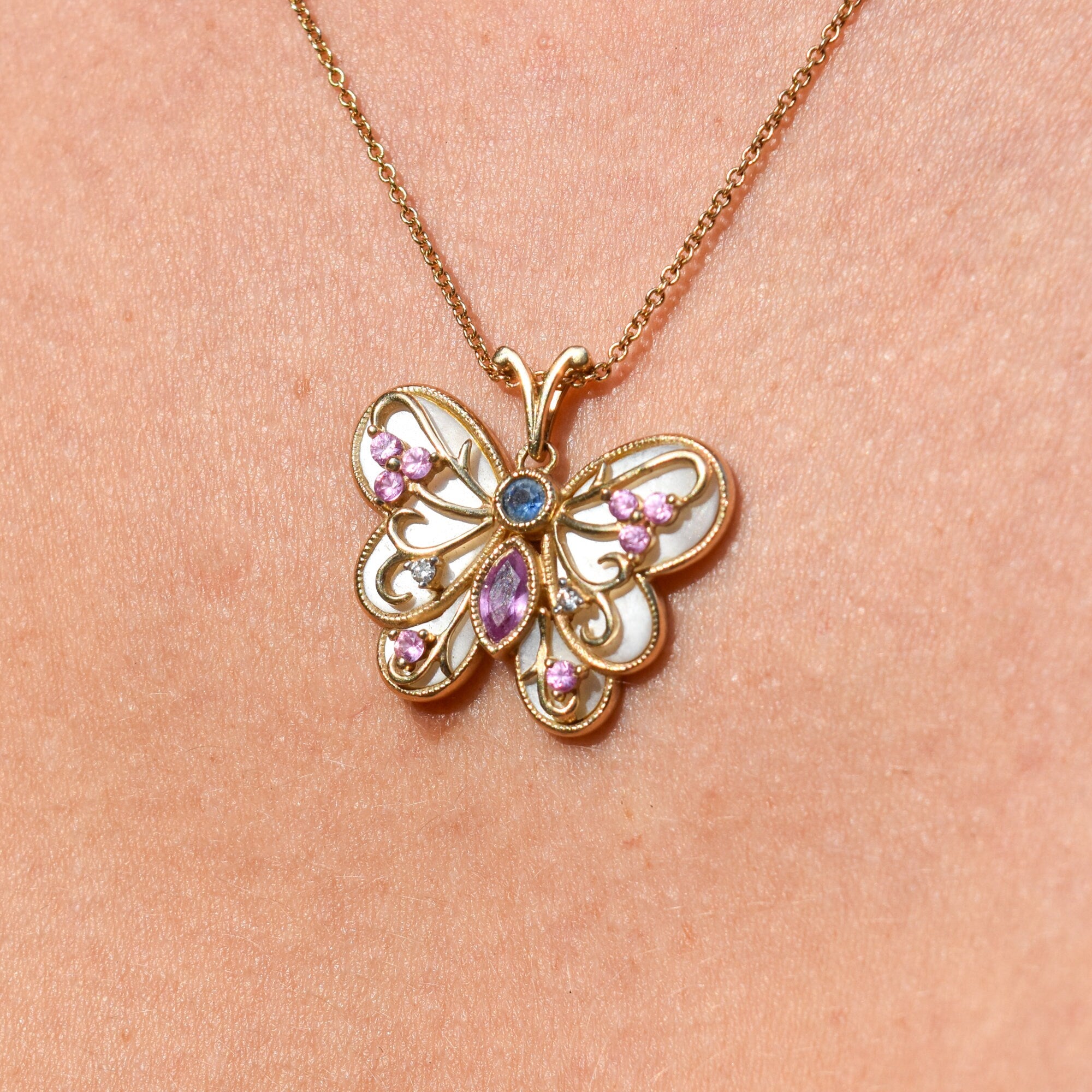 Mother Of Pearl Gemstone Butterfly Pendant In 14K Yellow Gold, Diamonds Accents, Estate Jewelry, 22mm