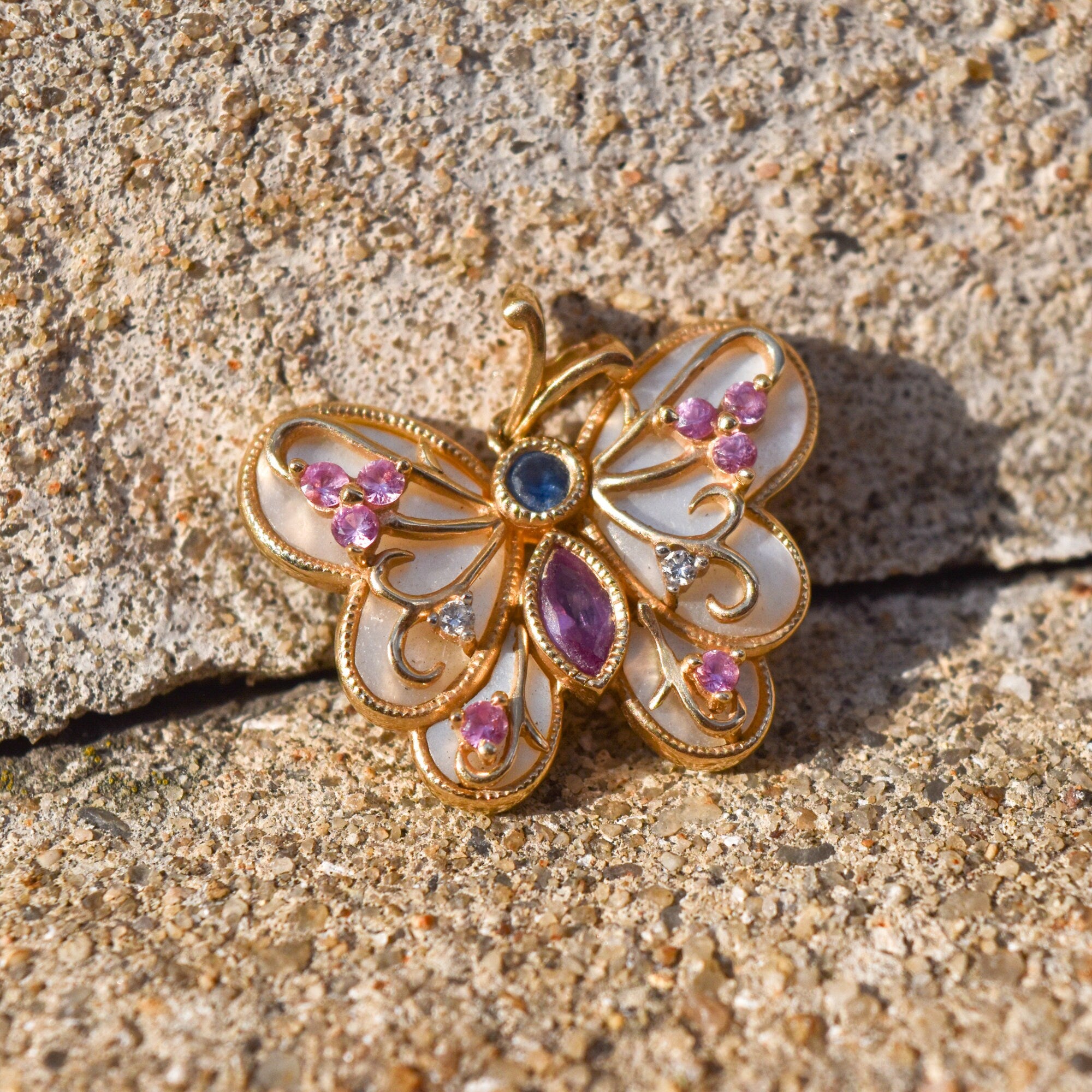 Mother Of Pearl Gemstone Butterfly Pendant In 14K Yellow Gold, Diamonds Accents, Estate Jewelry, 22mm