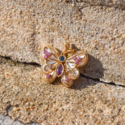Mother Of Pearl Gemstone Butterfly Pendant In 14K Yellow Gold, Diamonds Accents, Estate Jewelry, 22mm