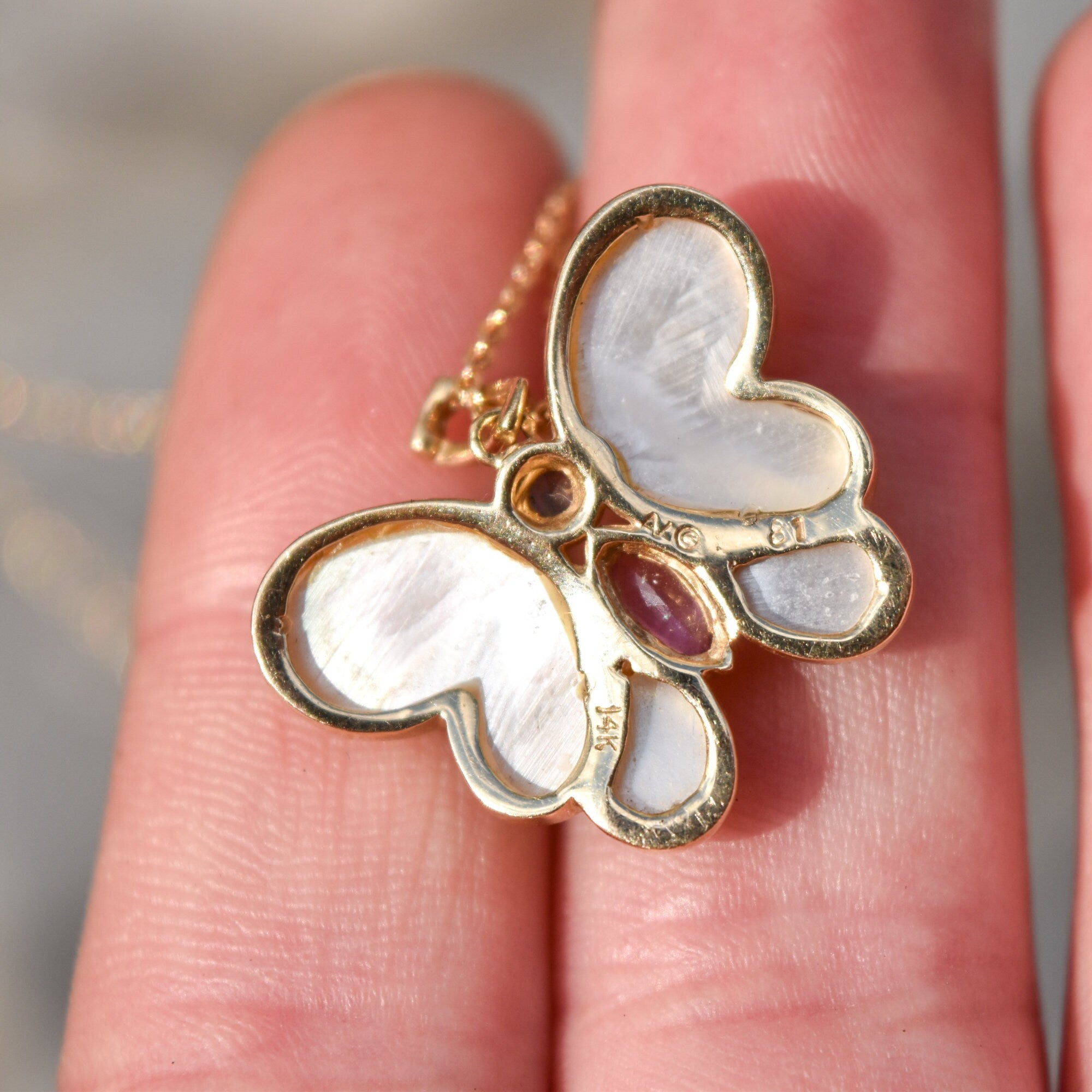 Mother Of Pearl Gemstone Butterfly Pendant In 14K Yellow Gold, Diamonds Accents, Estate Jewelry, 22mm