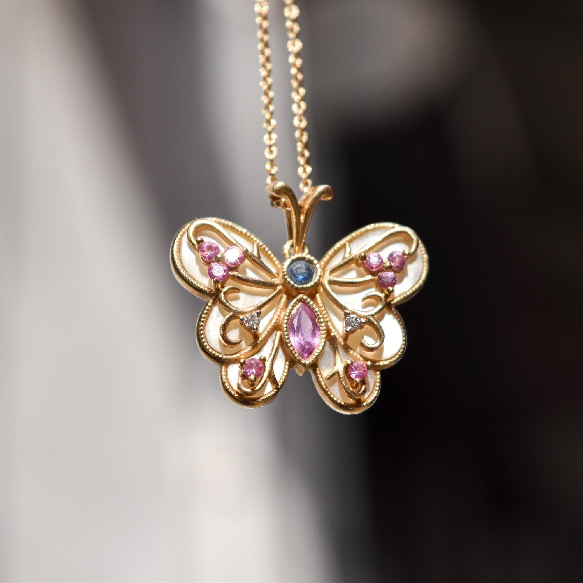 Mother Of Pearl Gemstone Butterfly Pendant In 14K Yellow Gold, Diamonds Accents, Estate Jewelry, 22mm