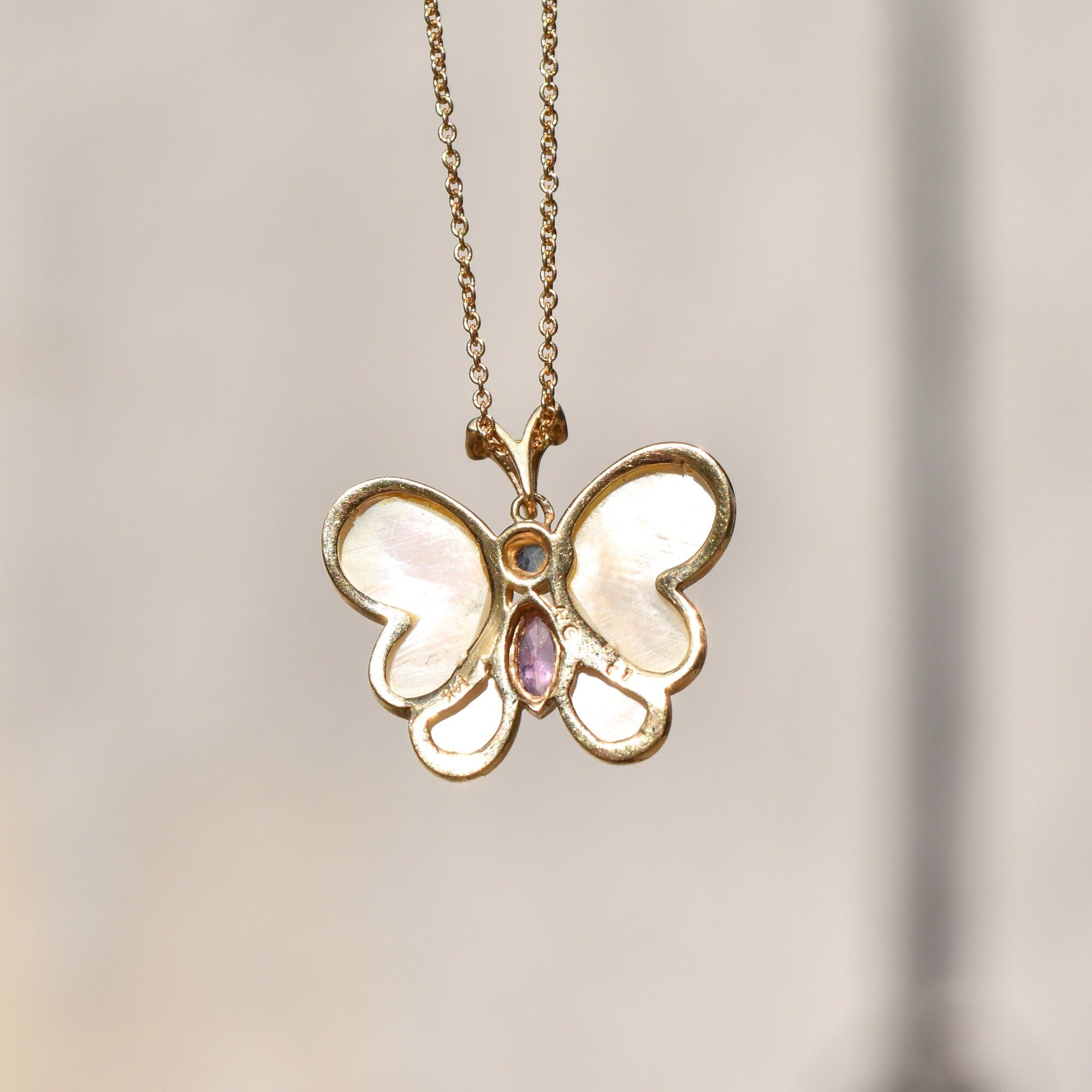 Mother Of Pearl Gemstone Butterfly Pendant In 14K Yellow Gold, Diamonds Accents, Estate Jewelry, 22mm