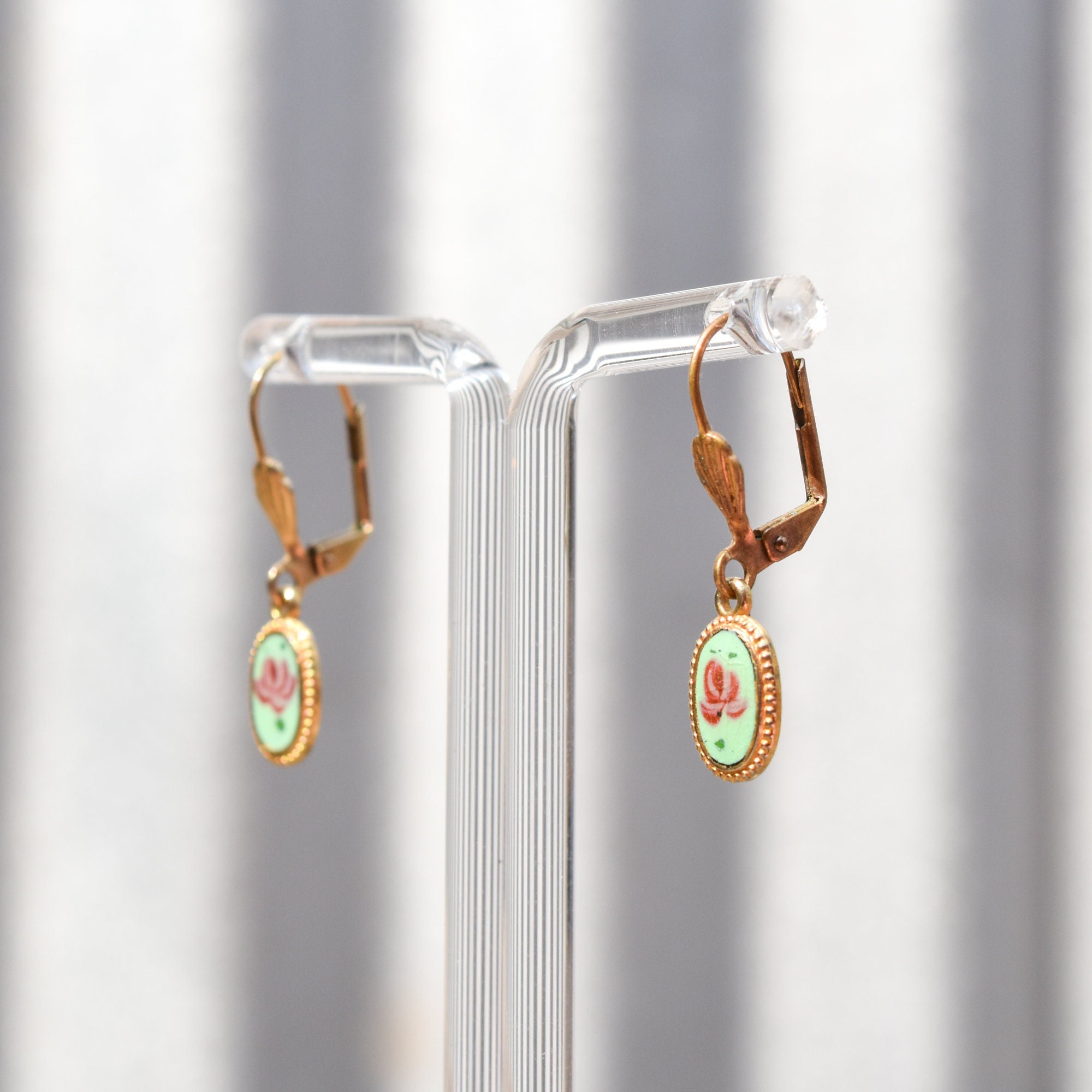 Cute Enamel Lotus Flower Leverback Earrings, Gold Plated Silver, Dainty Dangle Earrings, Estate Jewelry, 1 1/4" L
