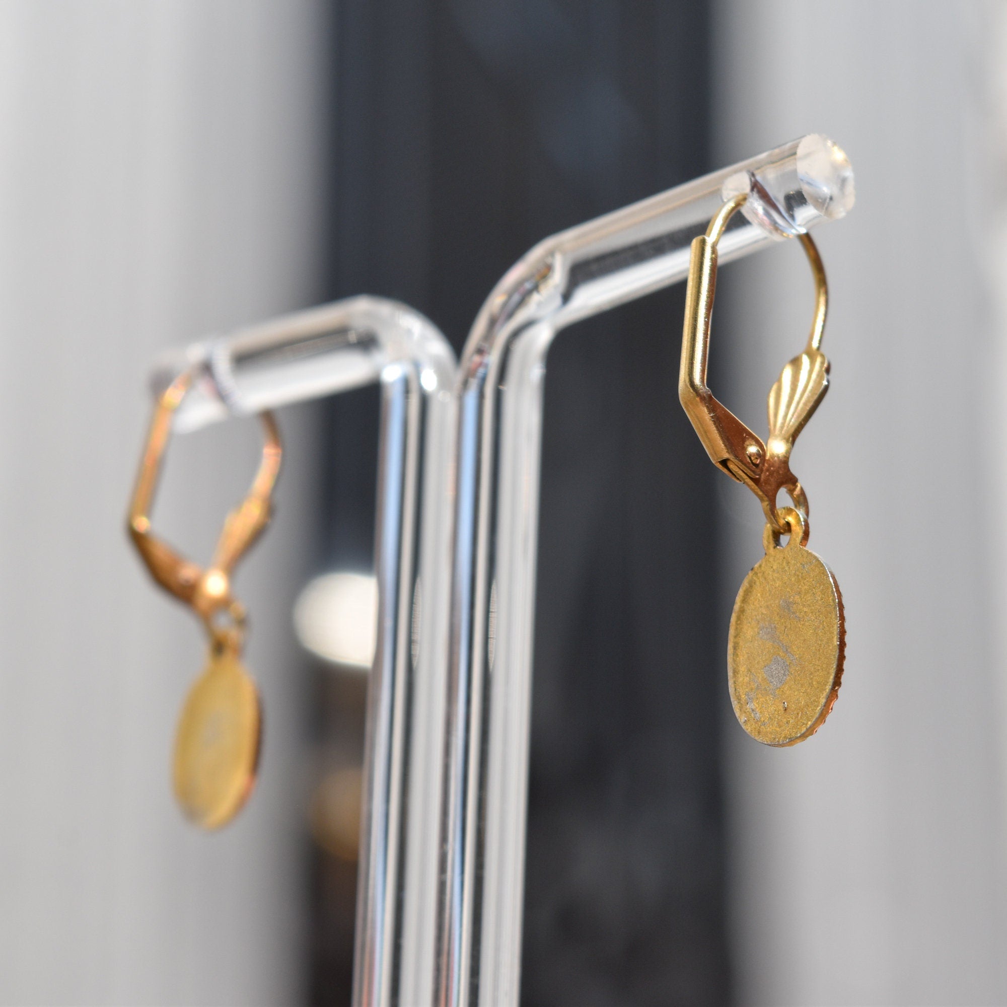 Cute Enamel Lotus Flower Leverback Earrings, Gold Plated Silver, Dainty Dangle Earrings, Estate Jewelry, 1 1/4" L