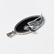 Art Deco Revival Sterling Silver Black Onyx Marcasite Flapper Pendant, Estate Jewelry, 2 1/8" L