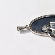 Art Deco Revival Sterling Silver Black Onyx Marcasite Flapper Pendant, Estate Jewelry, 2 1/8" L